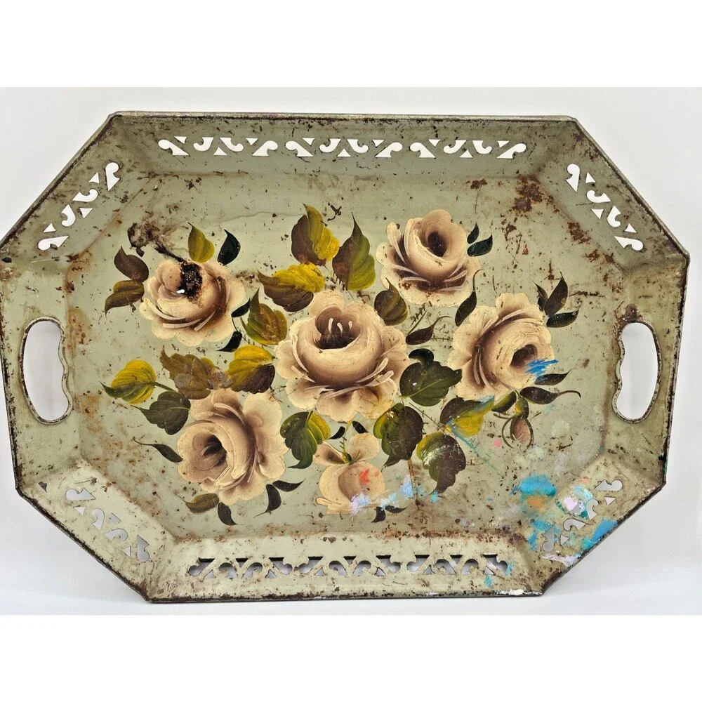 Metal Toleware Serving Tray Floral Hand Painted Nash Company  18